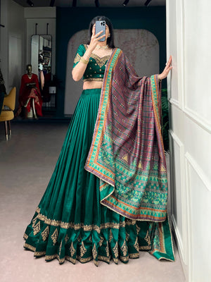 Battle Green Embroidered Vichitra Silk Lehenga Choli Set with Foil Printed Dupatta