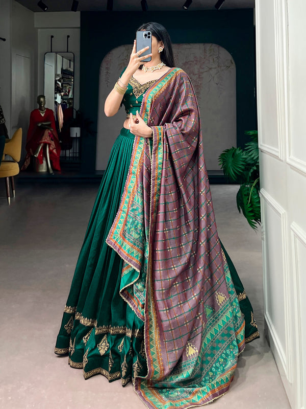 Battle Green Embroidered Vichitra Silk Lehenga Choli Set with Foil Printed Dupatta