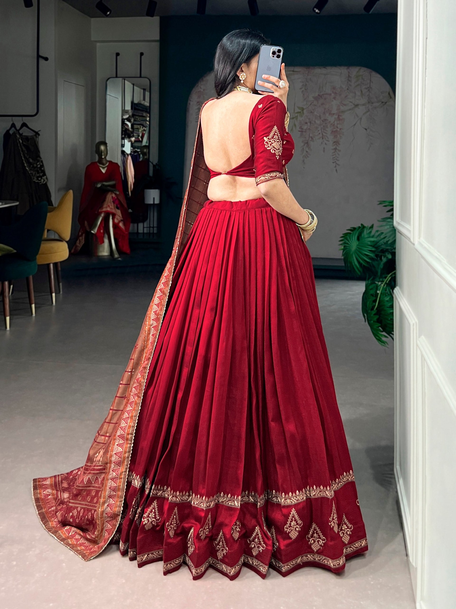 Red Embroidered Vichitra Silk Lehenga Choli Set with Foil Printed Dupatta