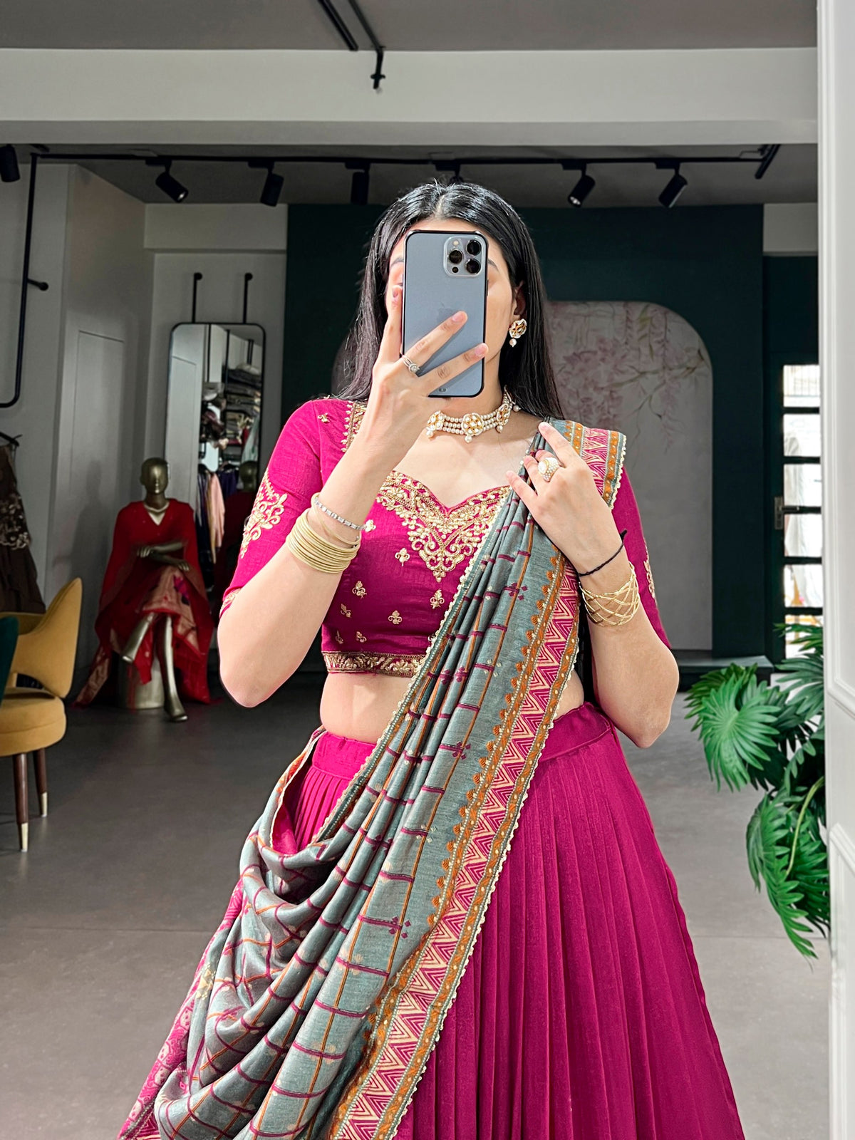 Pink Embroidered Vichitra Silk Lehenga Choli Set with Foil Printed Dupatta