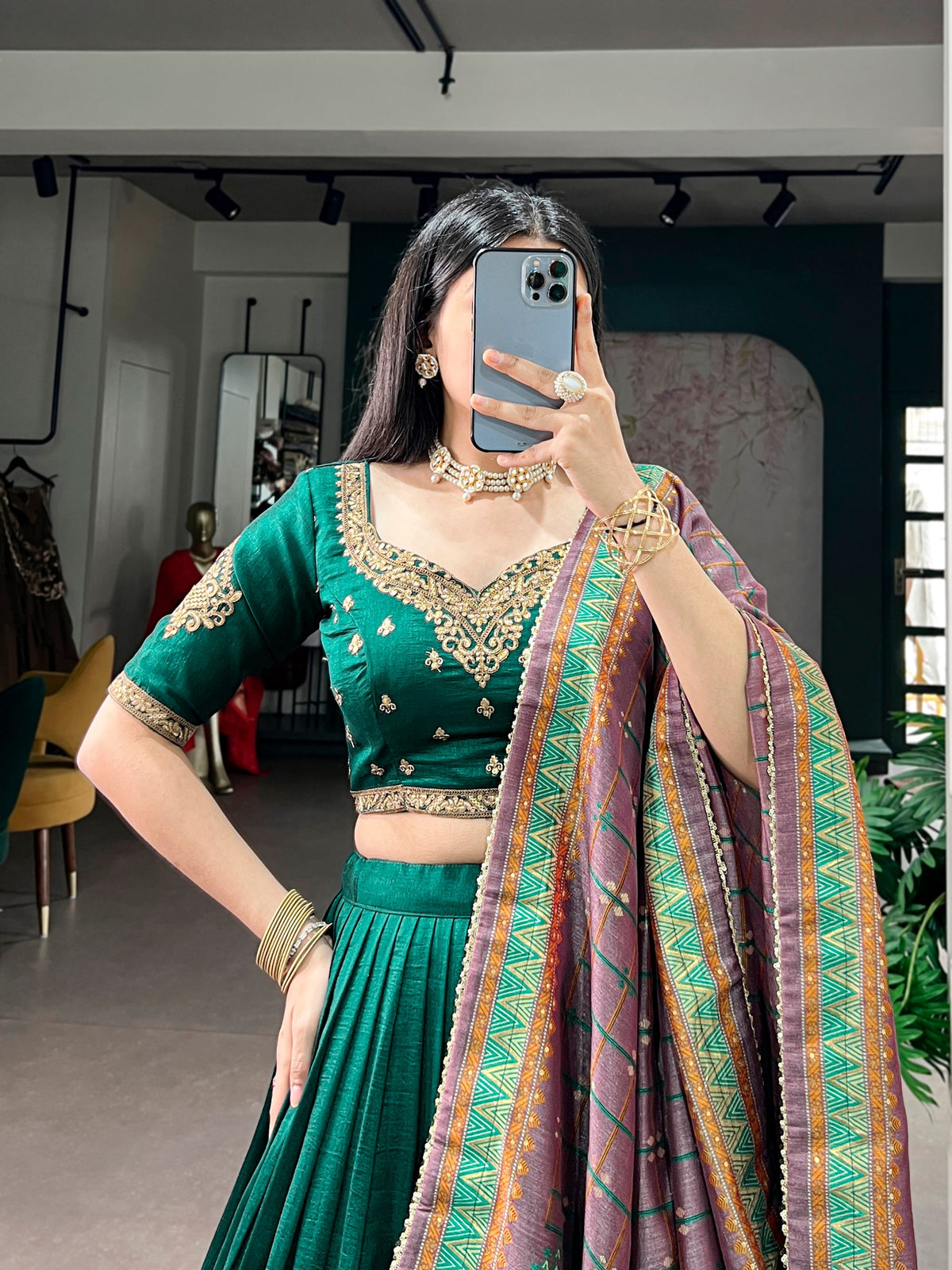 Battle Green Embroidered Vichitra Silk Lehenga Choli Set with Foil Printed Dupatta