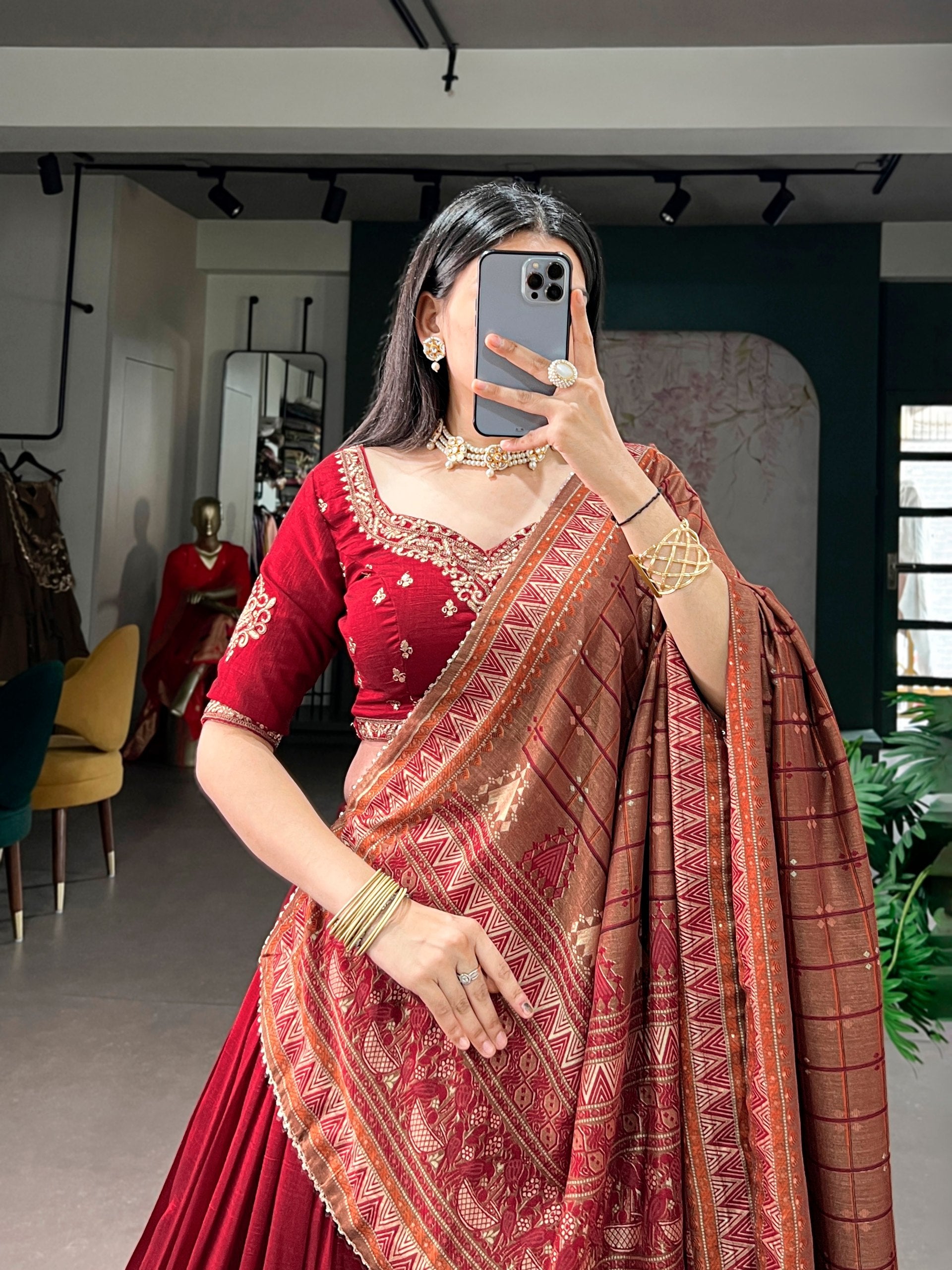 Red Embroidered Vichitra Silk Lehenga Choli Set with Foil Printed Dupatta
