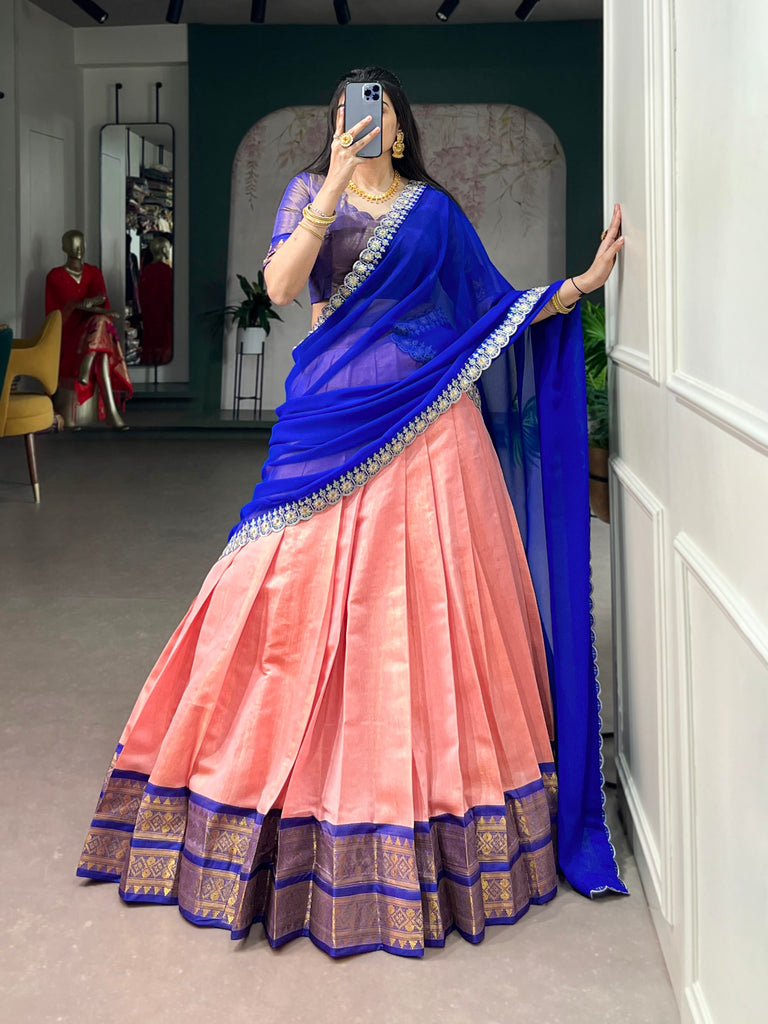 Peach Pink Kanchipuram Zari Lehenga Choli Set with Royal Blue Dupatta