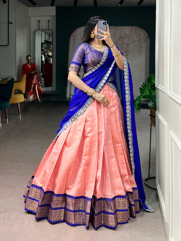 Peach Pink Kanchipuram Zari Lehenga Choli Set with Royal Blue Dupatta