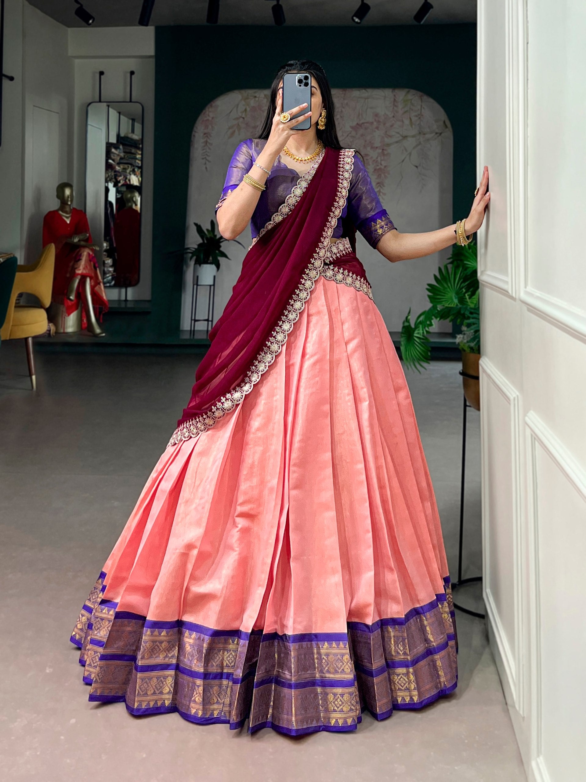 Peach Pink Kanchipuram Zari Lehenga Choli Set with Marron Dupatta