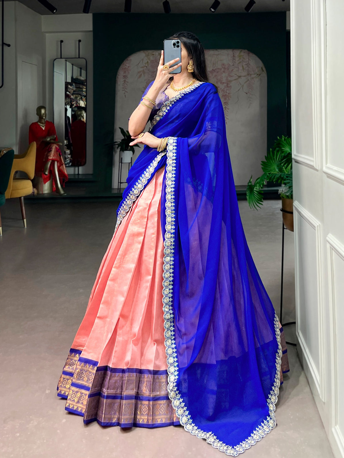 Peach Pink Kanchipuram Zari Lehenga Choli Set with Royal Blue Dupatta