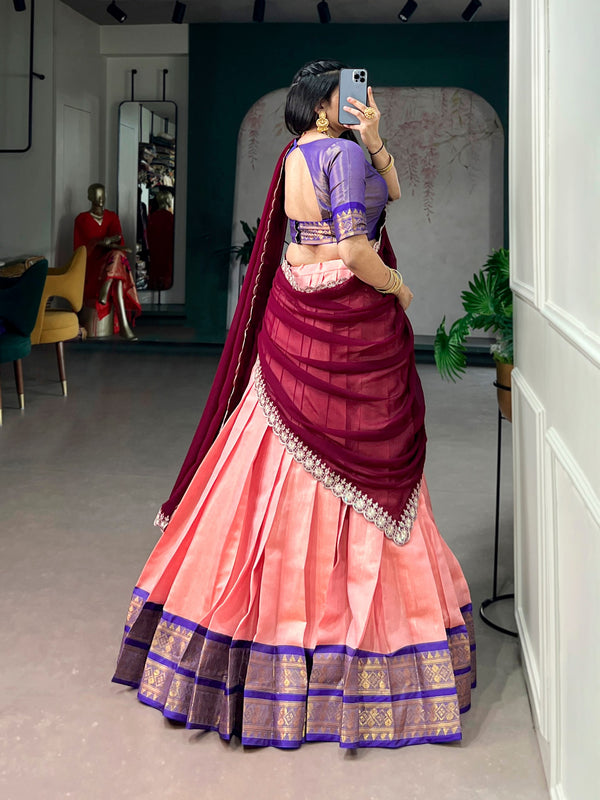 Peach Pink Kanchipuram Zari Lehenga Choli Set with Marron Dupatta