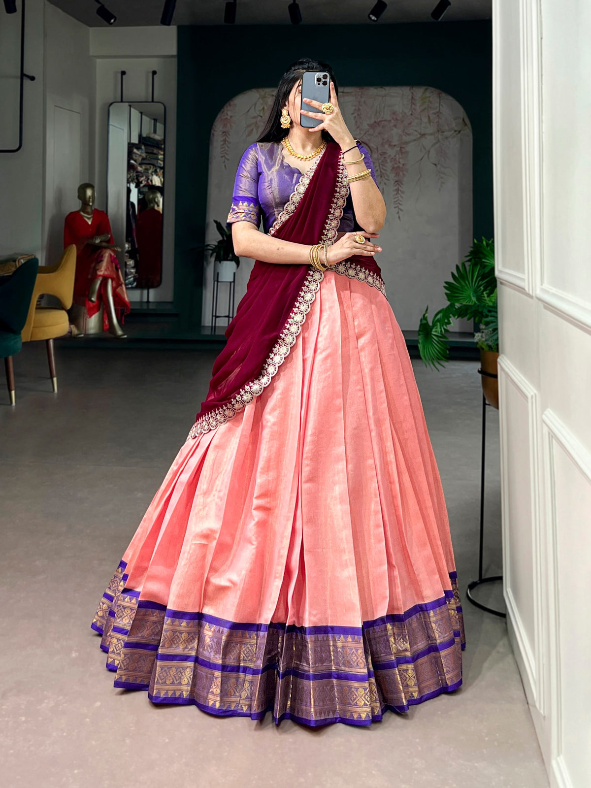 Peach Pink Kanchipuram Zari Lehenga Choli Set with Marron Dupatta