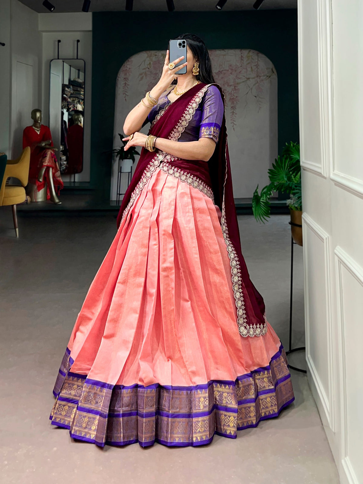 Peach Pink Kanchipuram Zari Lehenga Choli Set with Marron Dupatta