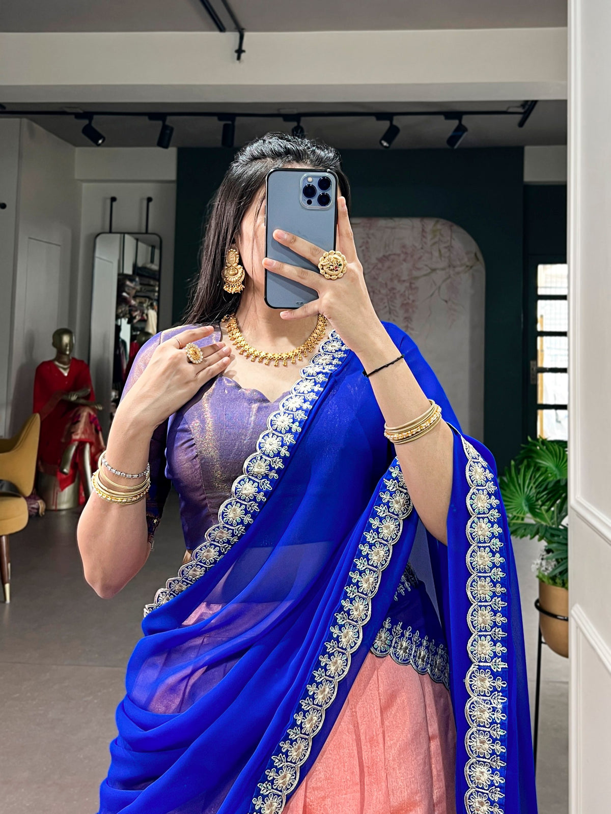 Peach Pink Kanchipuram Zari Lehenga Choli Set with Royal Blue Dupatta