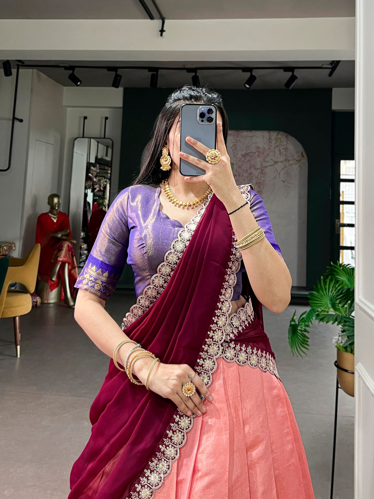 Peach Pink Kanchipuram Zari Lehenga Choli Set with Marron Dupatta