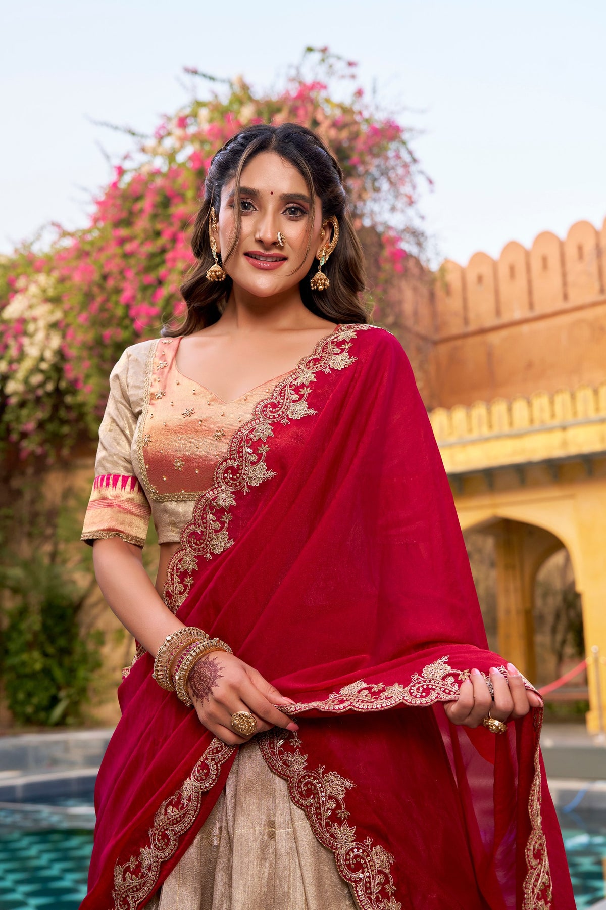 Beige Gold Slub Kota Paithani Border Lehenga Choli with Red Dupatta