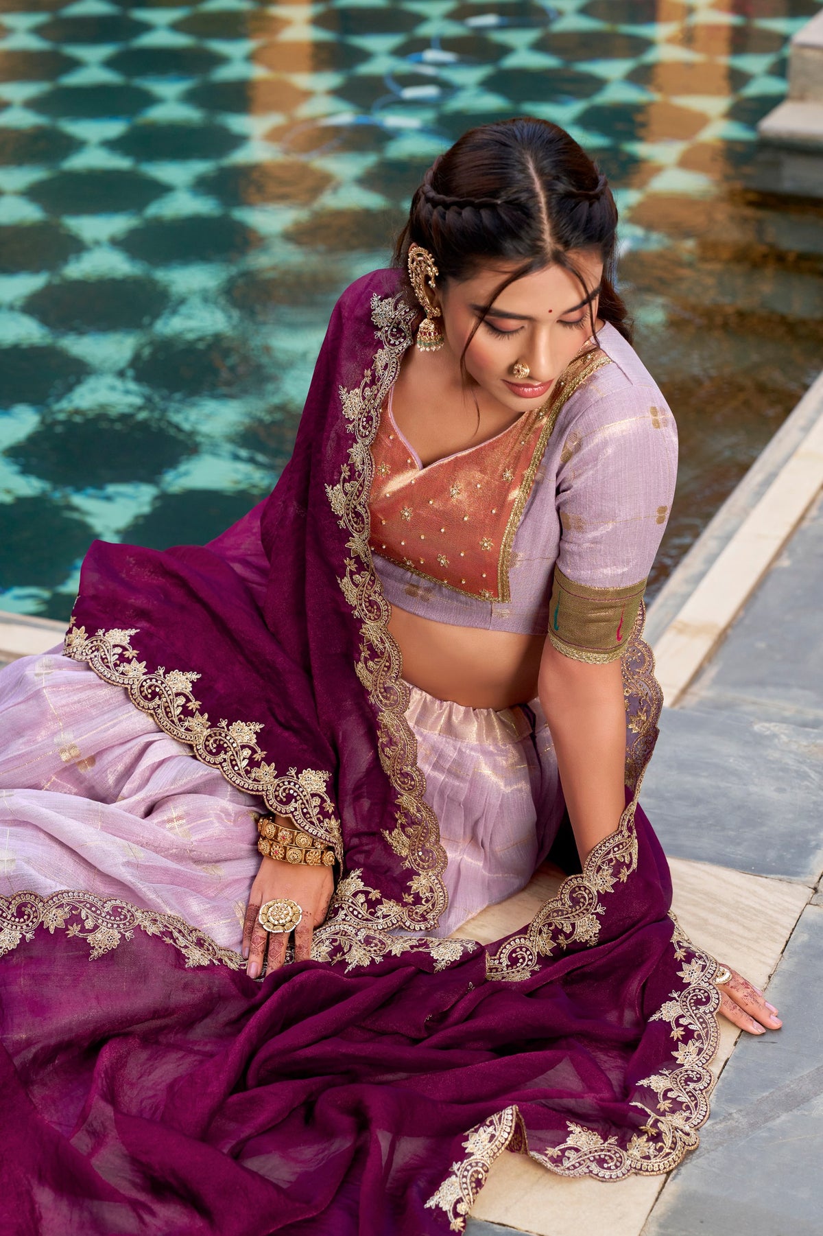 Pink Gold Slub Kota Paithani Border Lehenga Choli with Rani Pink Dupatta
