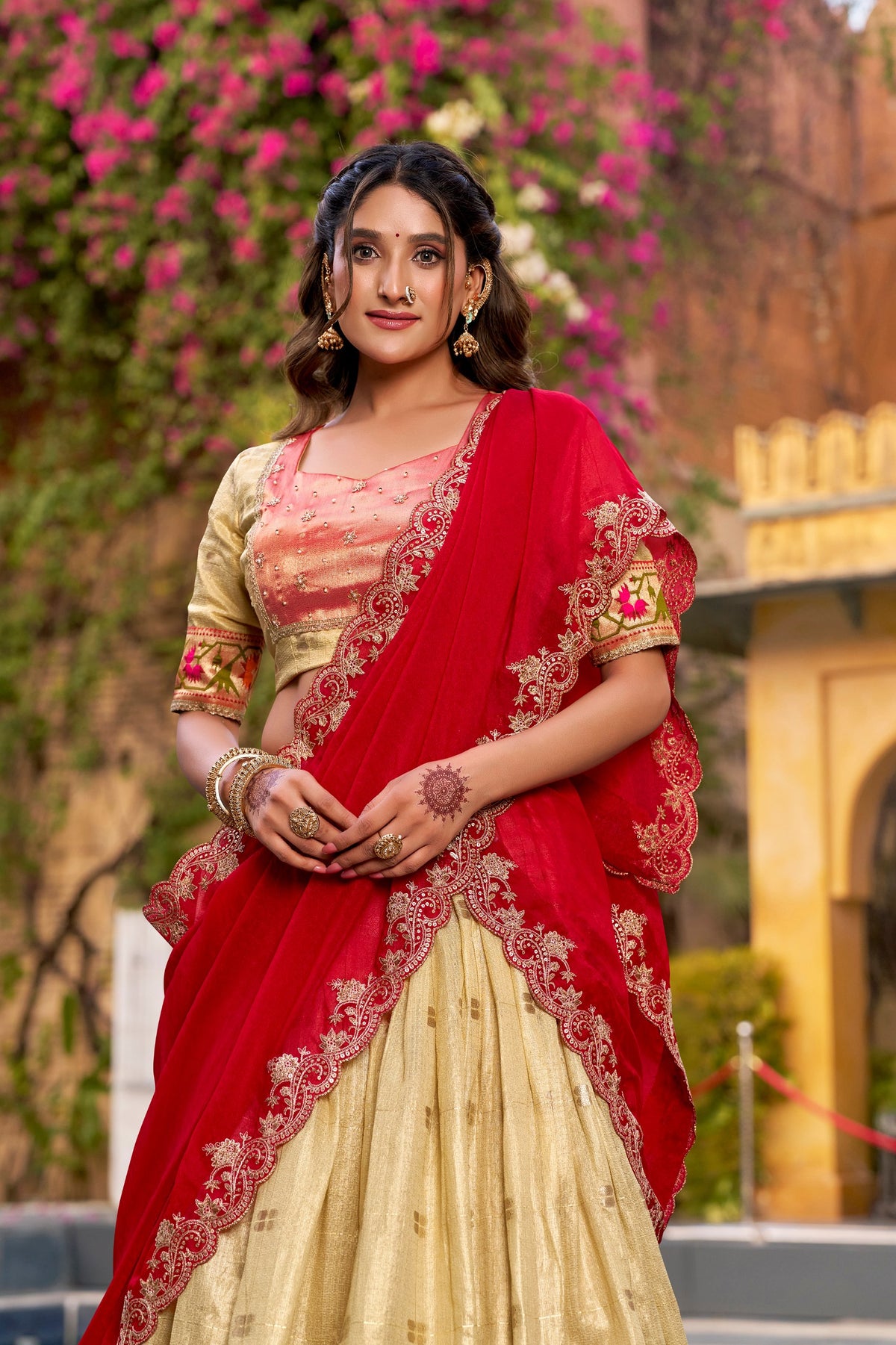 Pastel Gold Slub Kota Paithani Border Lehenga Choli with Red Dupatta