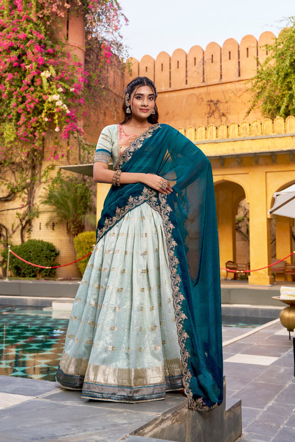 Teal Slub Kota Paithani Border Lehenga Choli with Blue Dupatta