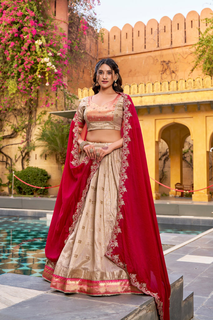 Beige Gold Slub Kota Paithani Border Lehenga Choli with Red Dupatta