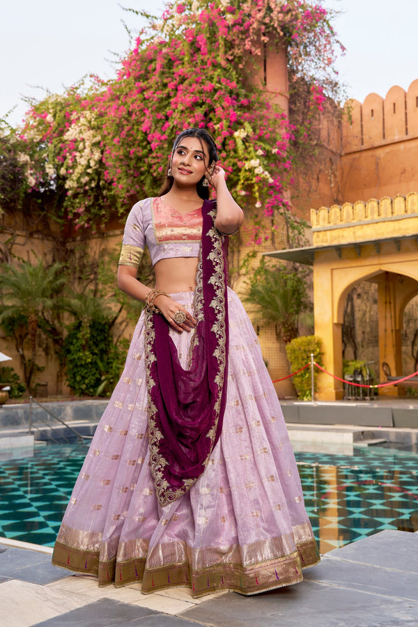 Pink Gold Slub Kota Paithani Border Lehenga Choli with Rani Pink Dupatta