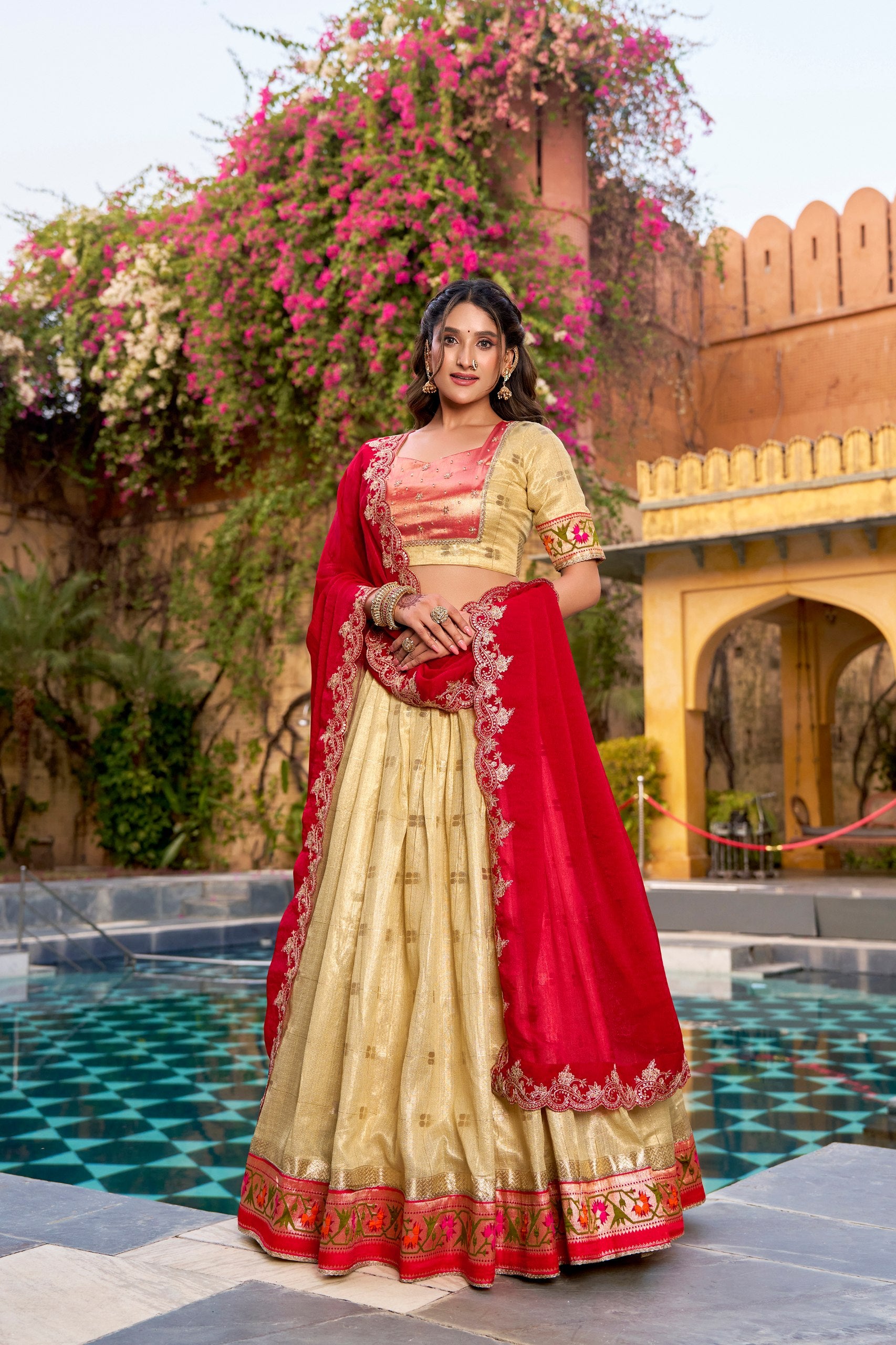Pastel Gold Slub Kota Paithani Border Lehenga Choli with Red Dupatta