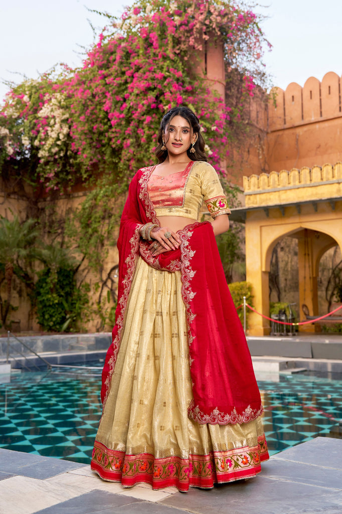 Pastel Gold Slub Kota Paithani Border Lehenga Choli with Red Dupatta