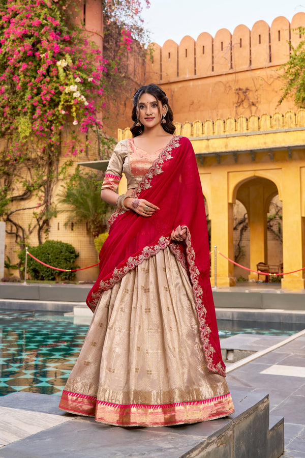 Beige Gold Slub Kota Paithani Border Lehenga Choli with Red Dupatta