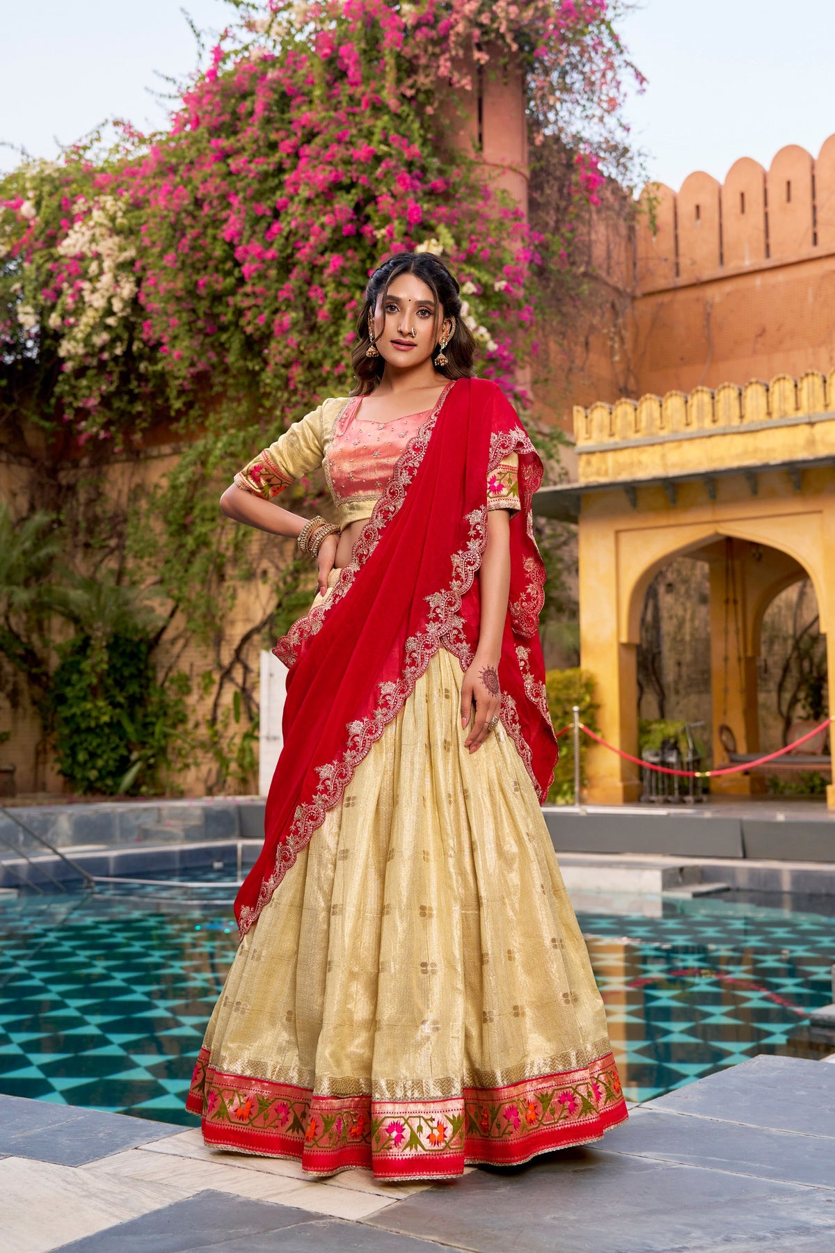 Pastel Gold Slub Kota Paithani Border Lehenga Choli with Red Dupatta