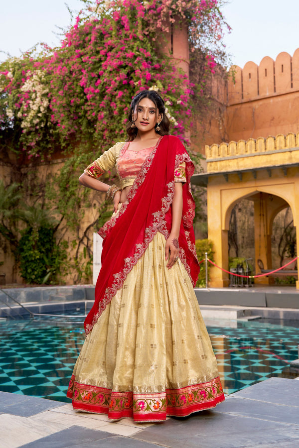 Pastel Gold Slub Kota Paithani Border Lehenga Choli with Red Dupatta