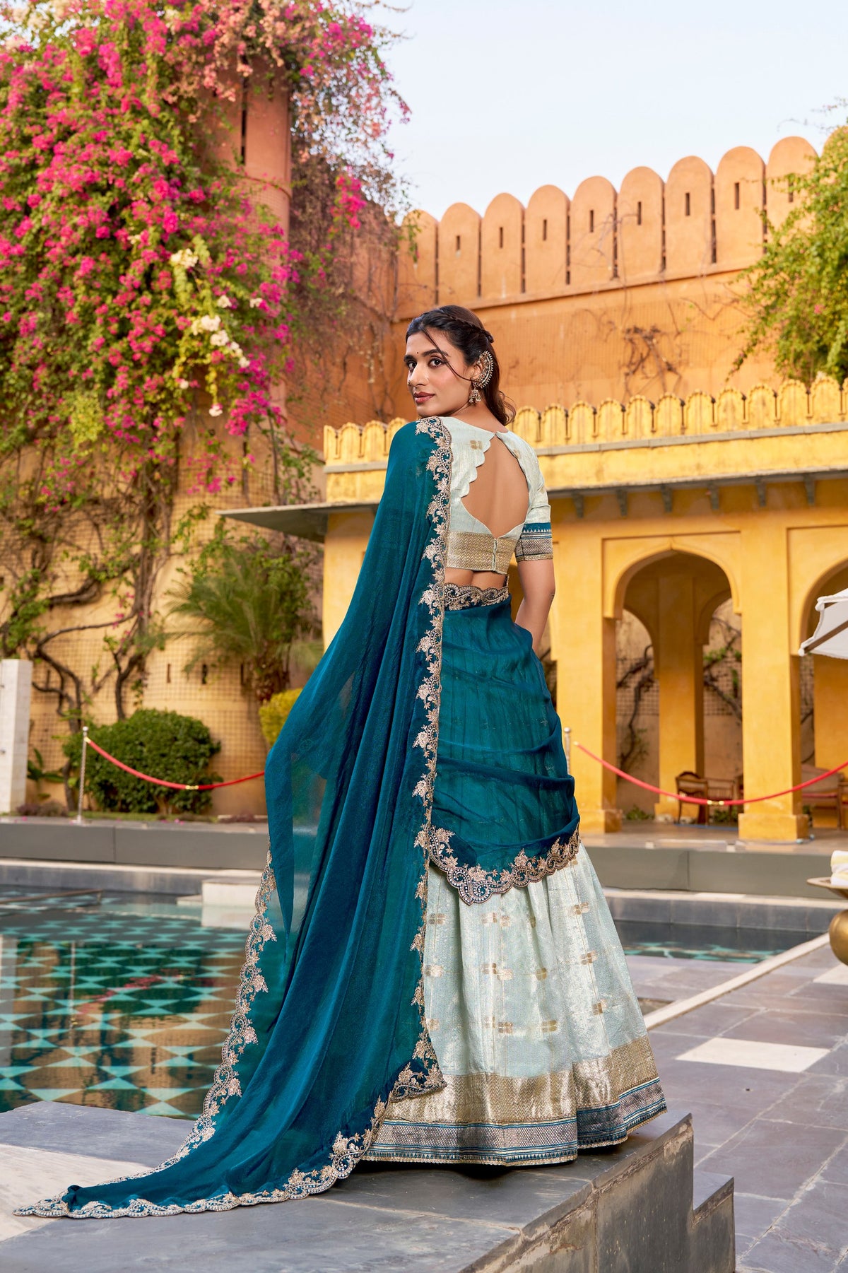 Teal Slub Kota Paithani Border Lehenga Choli with Blue Dupatta