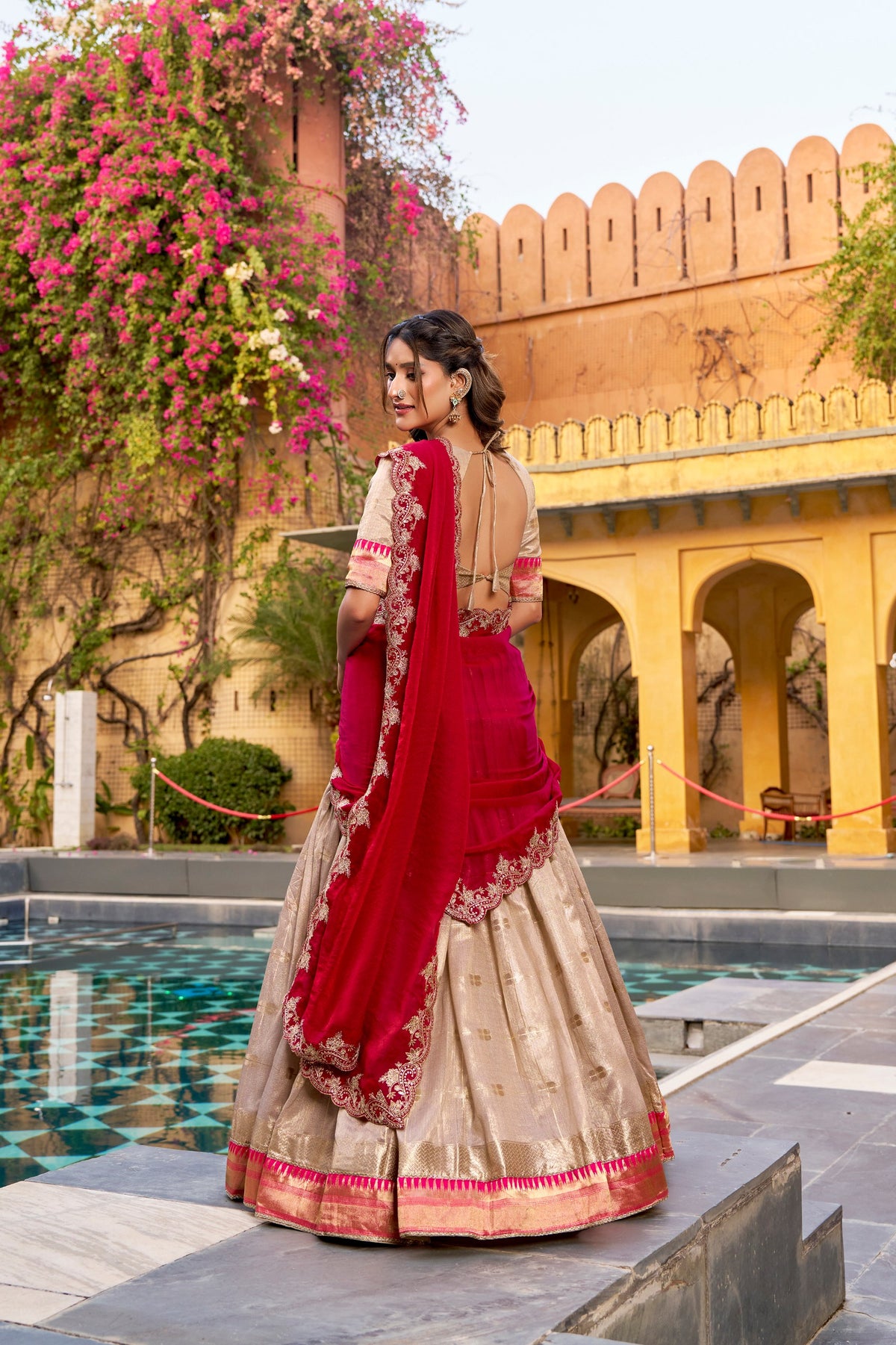 Beige Gold Slub Kota Paithani Border Lehenga Choli with Red Dupatta