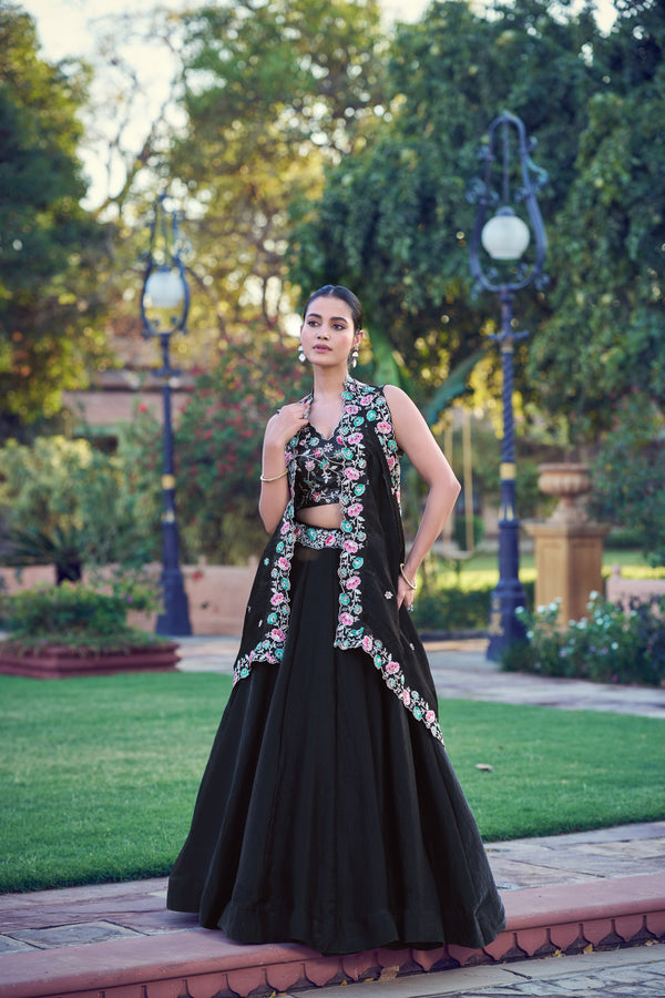 Black Floral Embroidered Frendy Silk Lehenga Choli Set