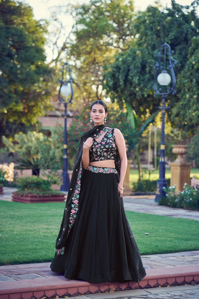 Black Floral Embroidered Frendy Silk Lehenga Choli Set