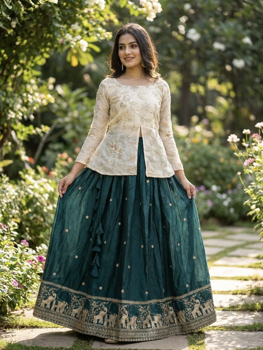 Battle Green Elephant Border Fendy Silk Lehenga Set with Stitched Blouse