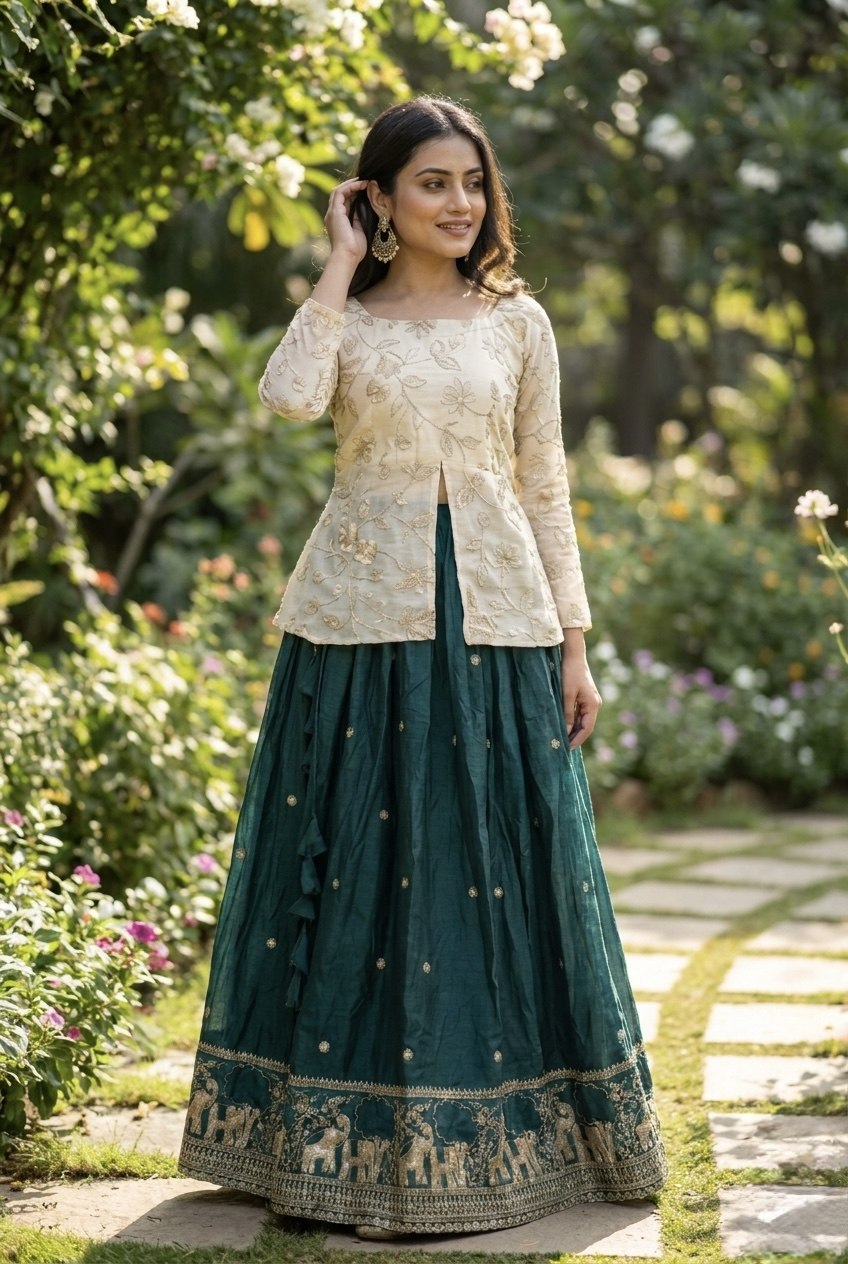 Battle Green Elephant Border Fendy Silk Lehenga Set with Stitched Blouse