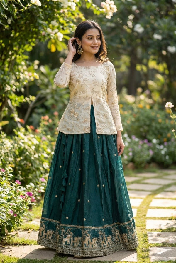 Battle Green Elephant Border Fendy Silk Lehenga Set with Stitched Blouse