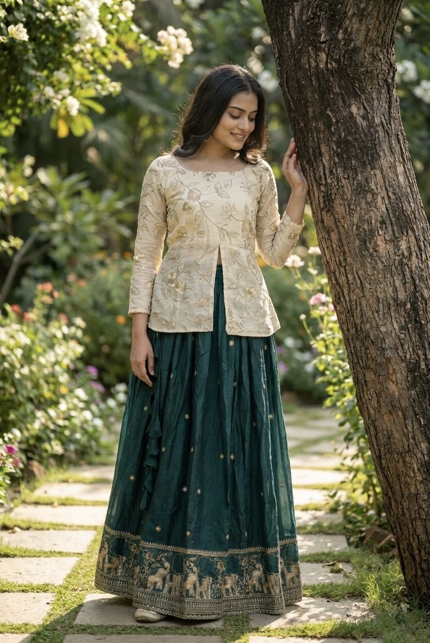 Battle Green Elephant Border Fendy Silk Lehenga Set with Stitched Blouse