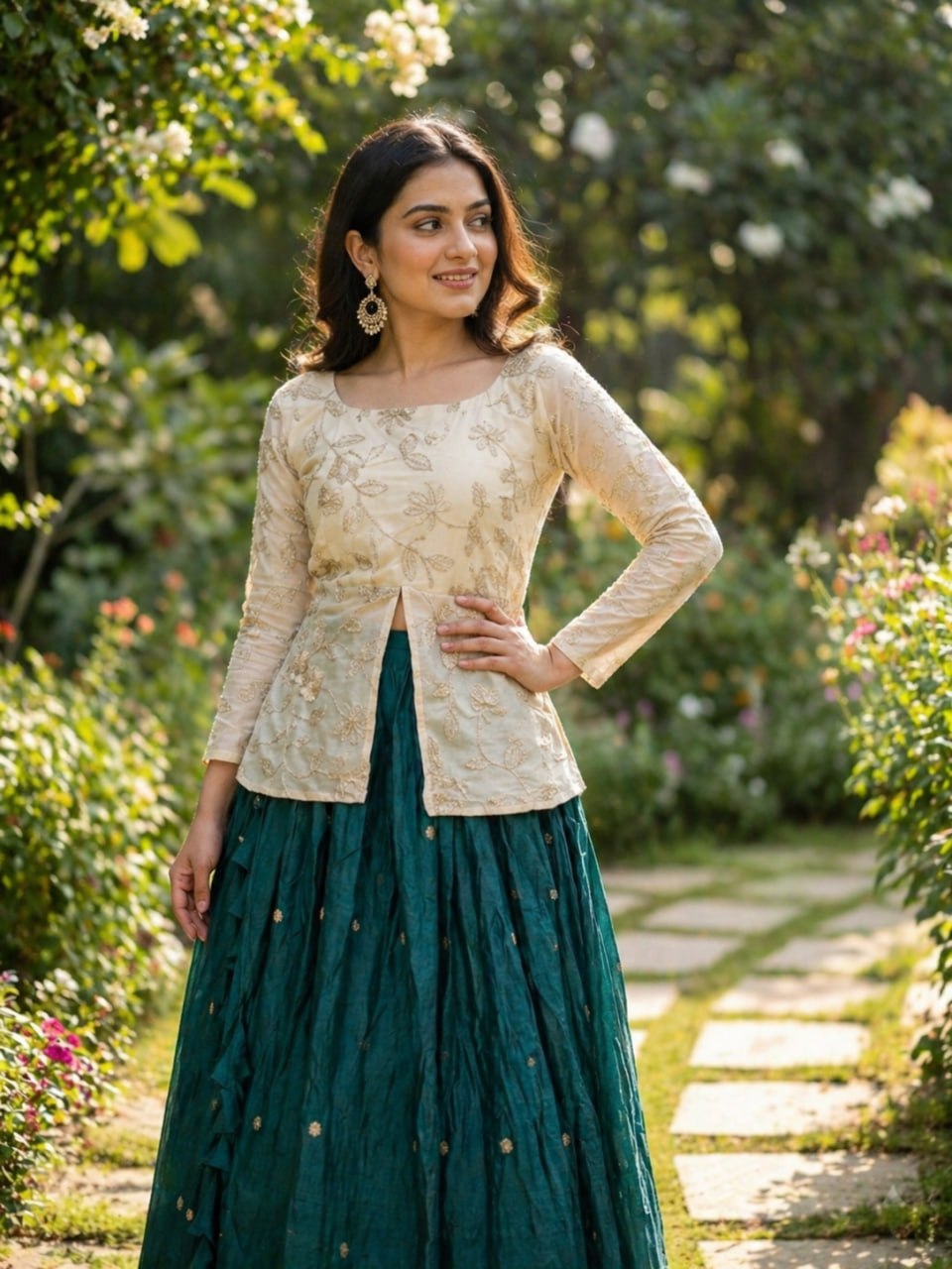 Battle Green Elephant Border Fendy Silk Lehenga Set with Stitched Blouse