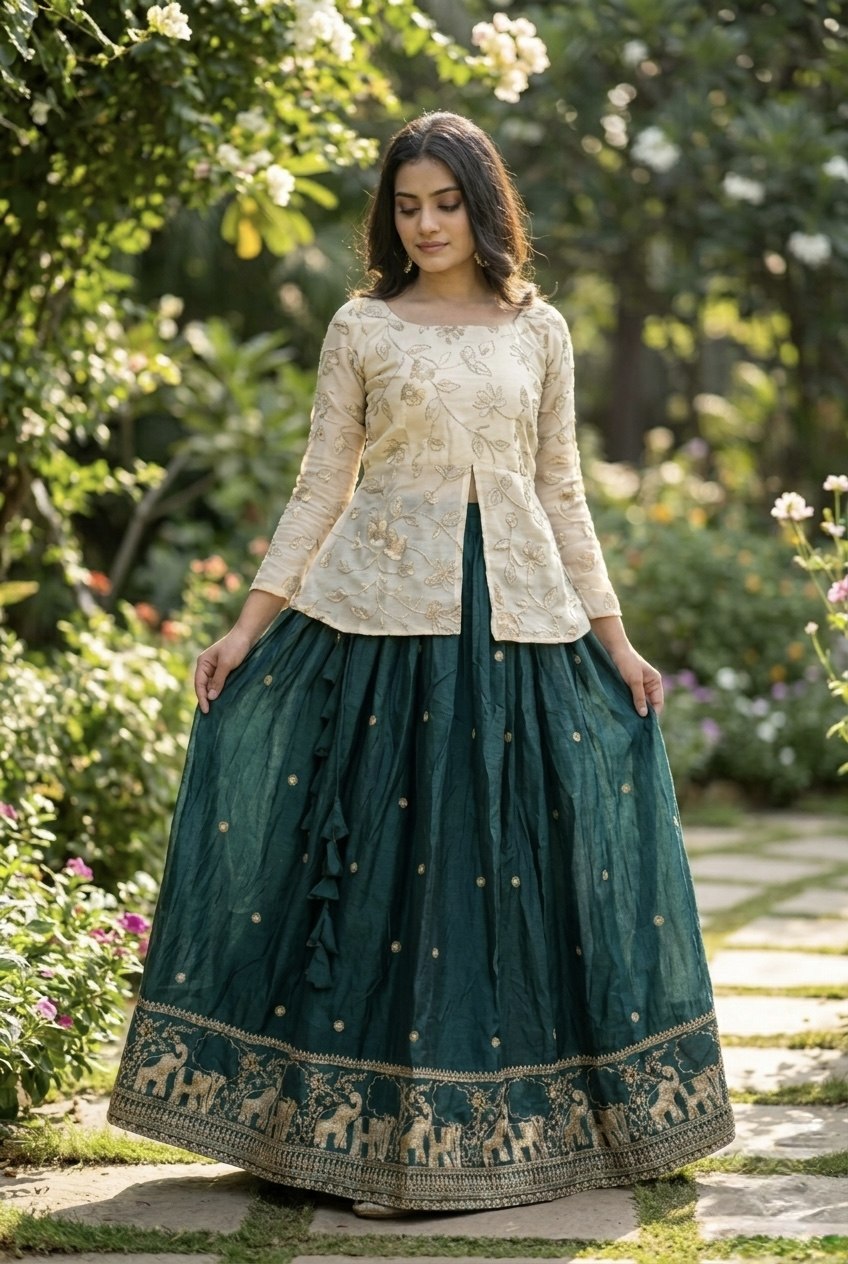 Battle Green Elephant Border Fendy Silk Lehenga Set with Stitched Blouse
