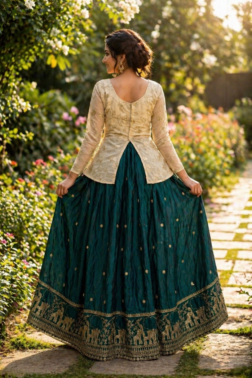 Battle Green Elephant Border Fendy Silk Lehenga Set with Stitched Blouse