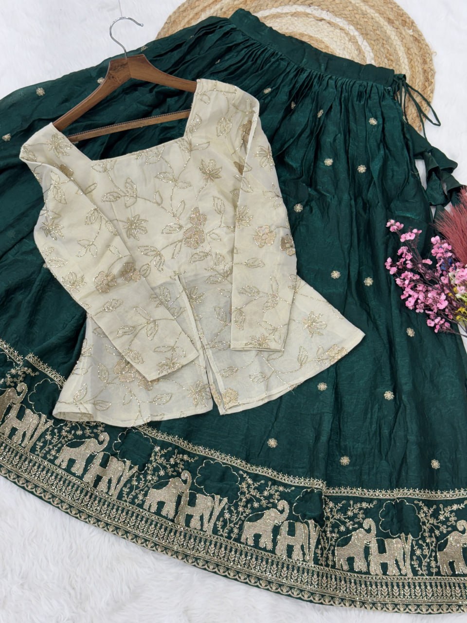 Battle Green Elephant Border Fendy Silk Lehenga Set with Stitched Blouse