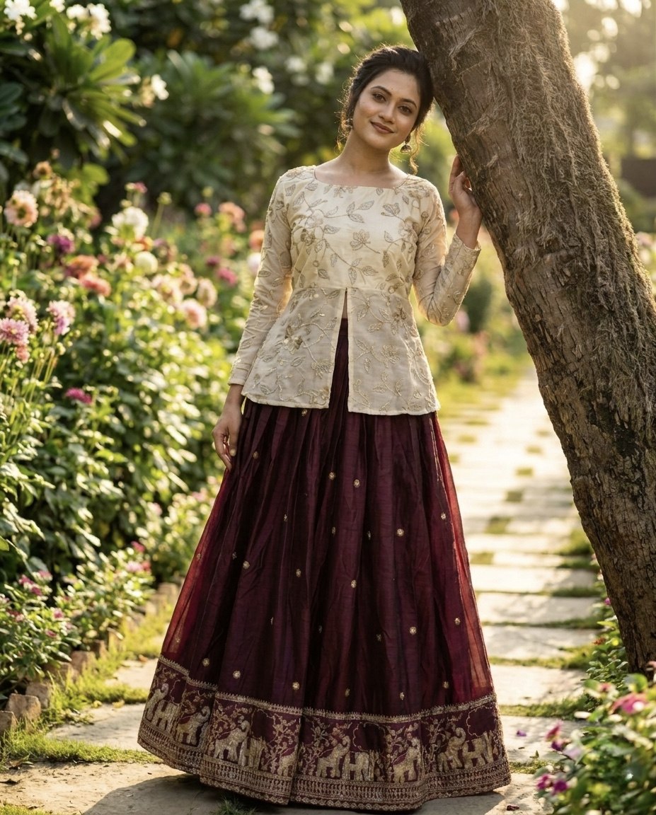Wine Elephant Border Fendy Silk Lehenga Set with Stitched Blouse