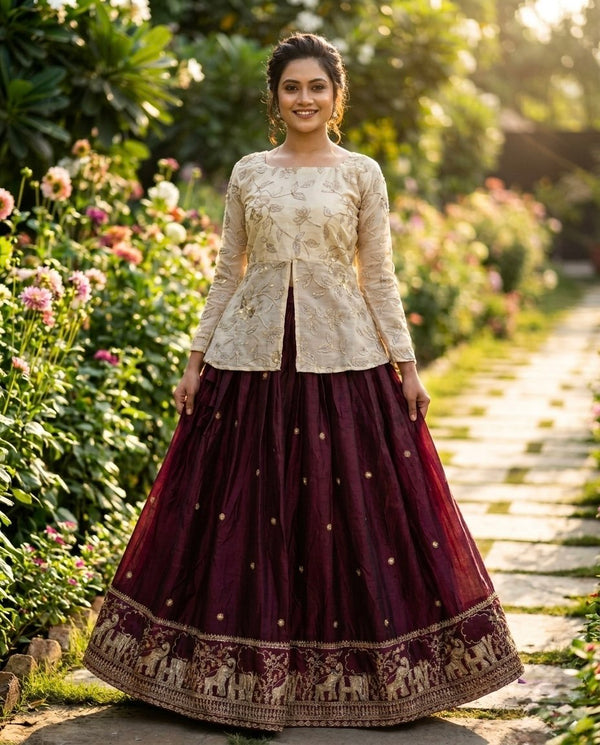 Wine Elephant Border Fendy Silk Lehenga Set with Stitched Blouse
