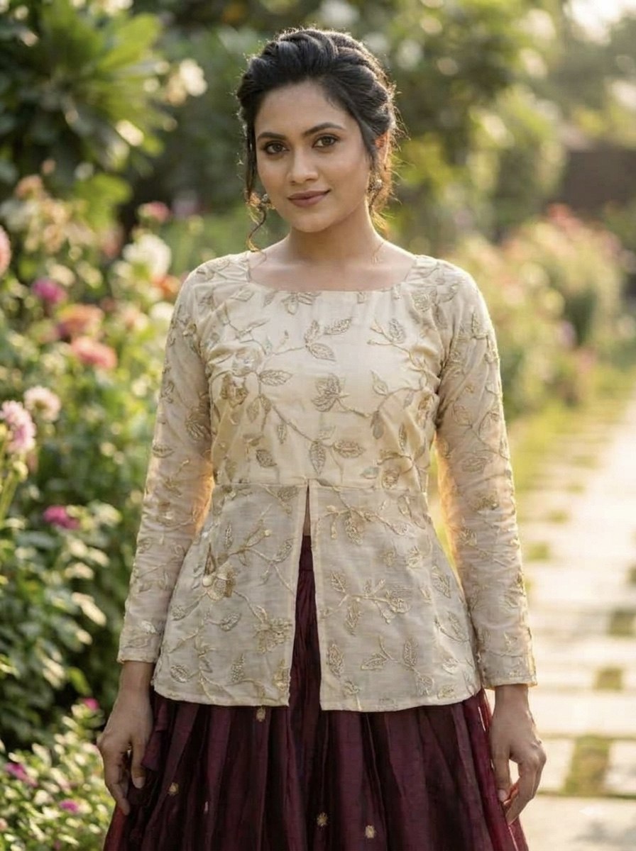 Wine Elephant Border Fendy Silk Lehenga Set with Stitched Blouse