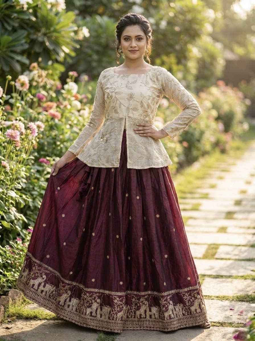 Wine Elephant Border Fendy Silk Lehenga Set with Stitched Blouse