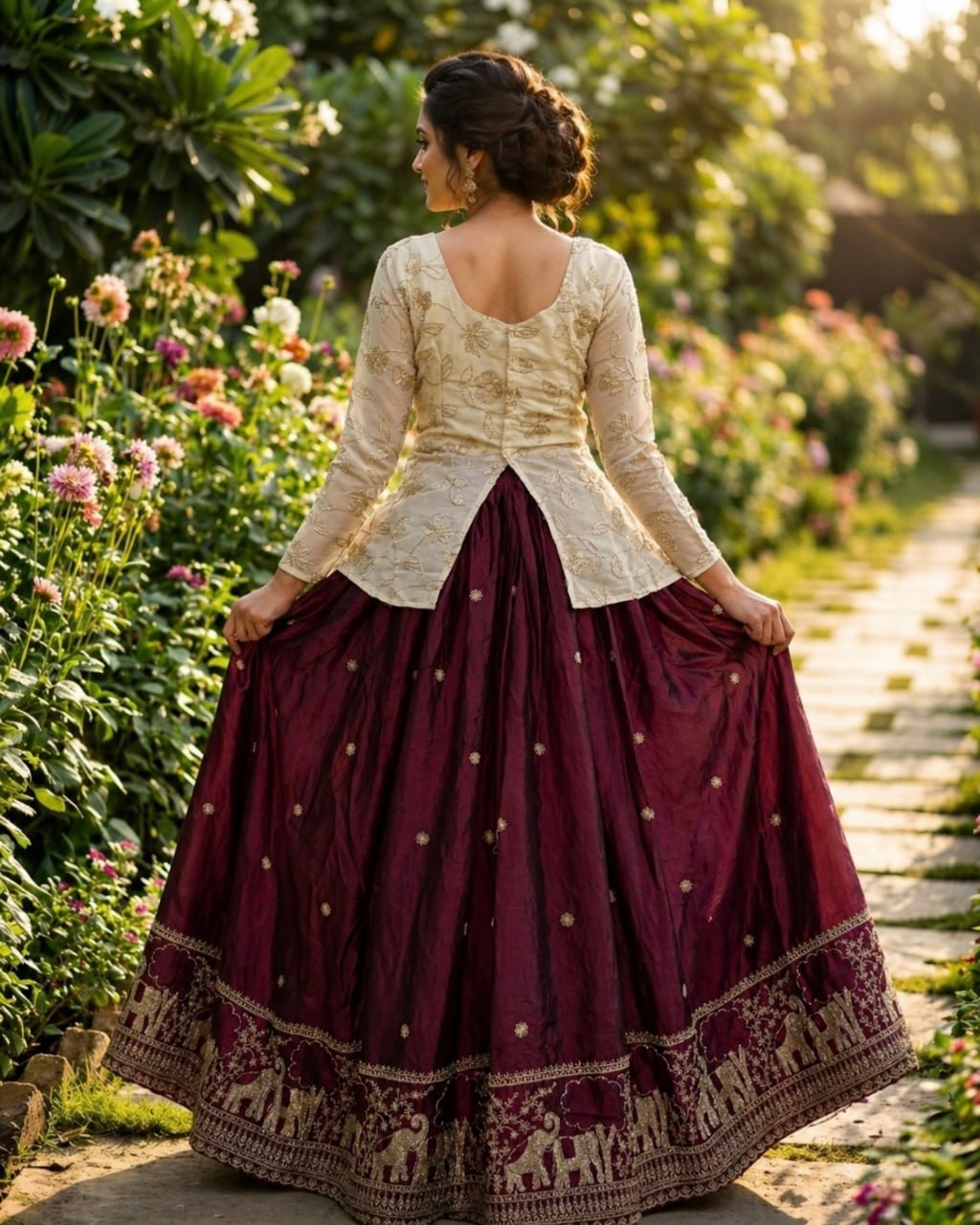 Wine Elephant Border Fendy Silk Lehenga Set with Stitched Blouse