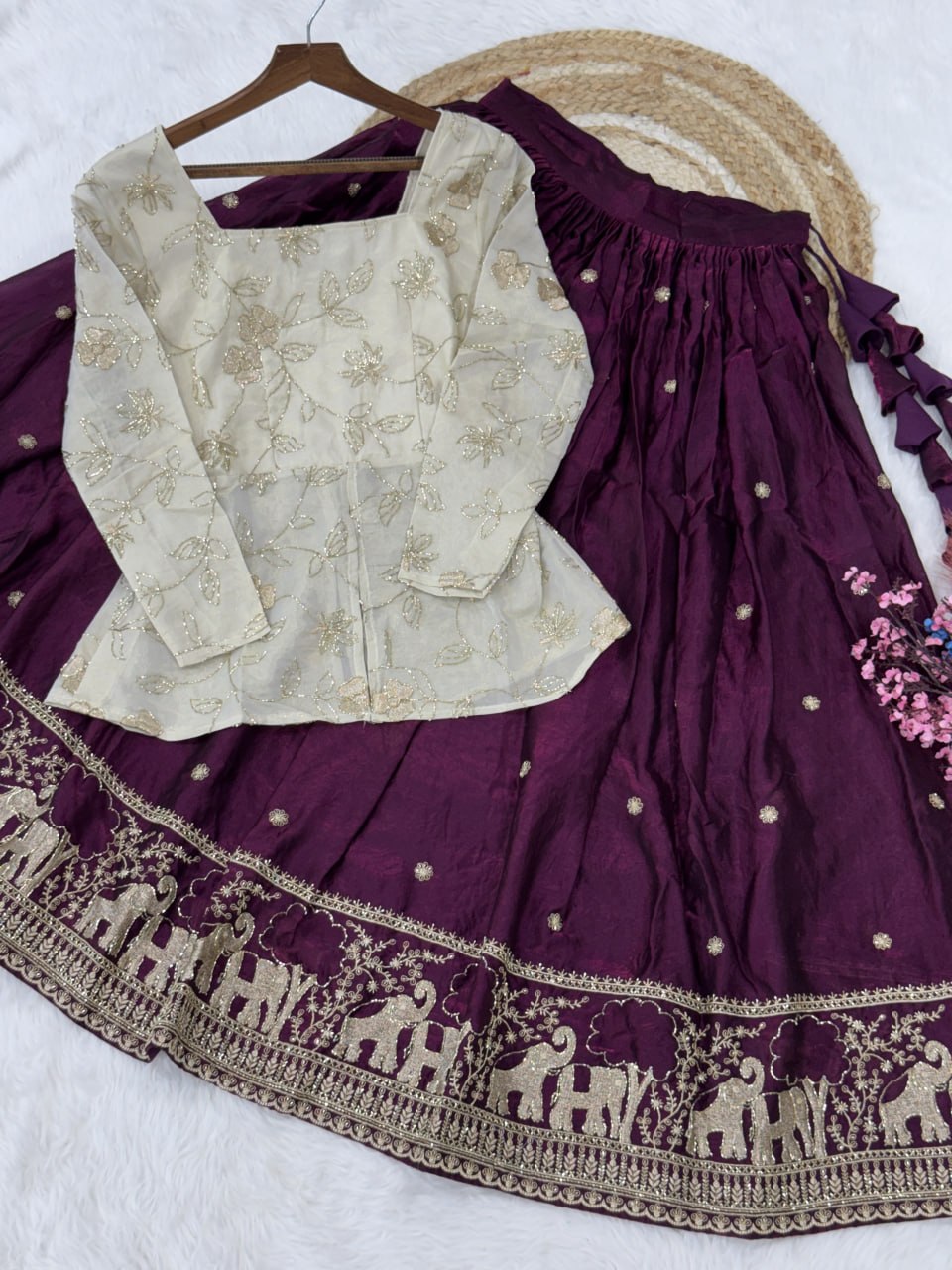 Wine Elephant Border Fendy Silk Lehenga Set with Stitched Blouse