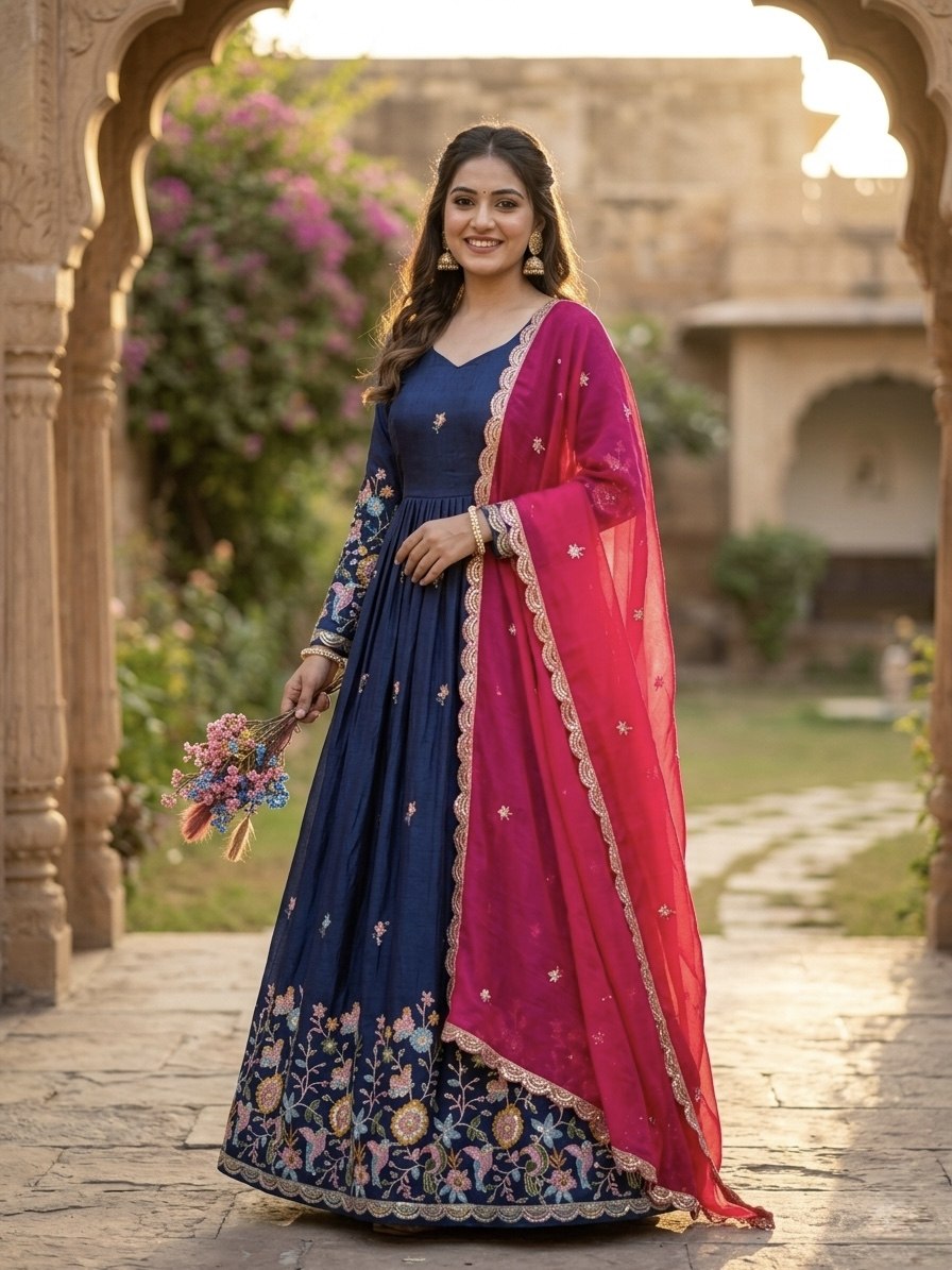 Navy Blue Fendi Silk Embroidered Gown with Pink Dupatta