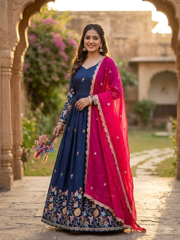 Navy Blue Fendi Silk Embroidered Gown with Pink Dupatta
