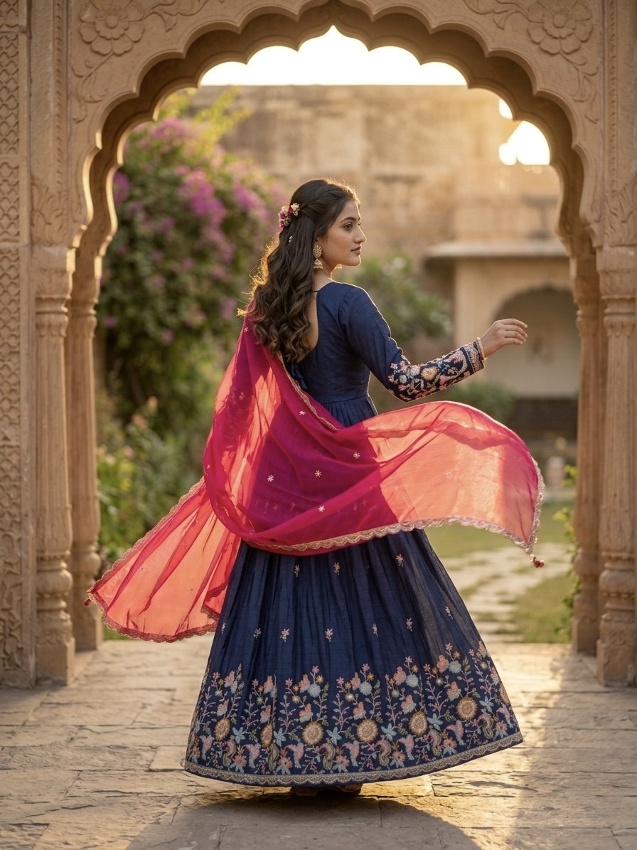 Navy Blue Fendi Silk Embroidered Gown with Pink Dupatta