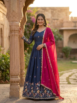 Navy Blue Fendi Silk Embroidered Gown with Pink Dupatta
