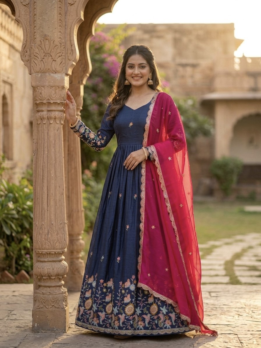 Navy Blue Fendi Silk Embroidered Gown with Pink Dupatta