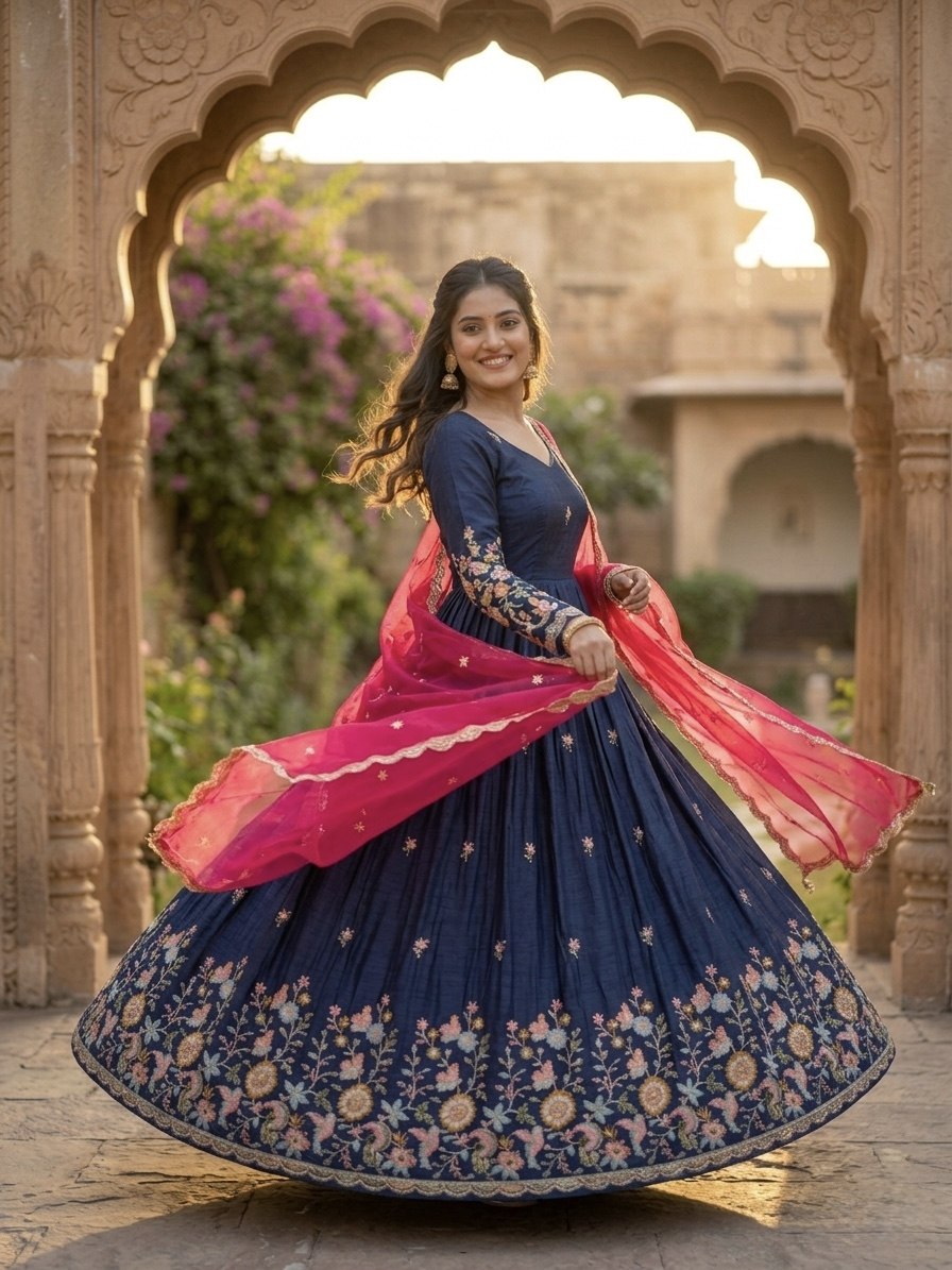 Navy Blue Fendi Silk Embroidered Gown with Pink Dupatta